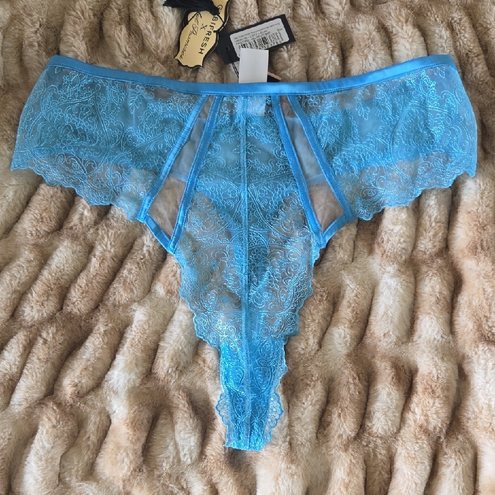 Blue Lace Thong Panties with Scalloped Edges